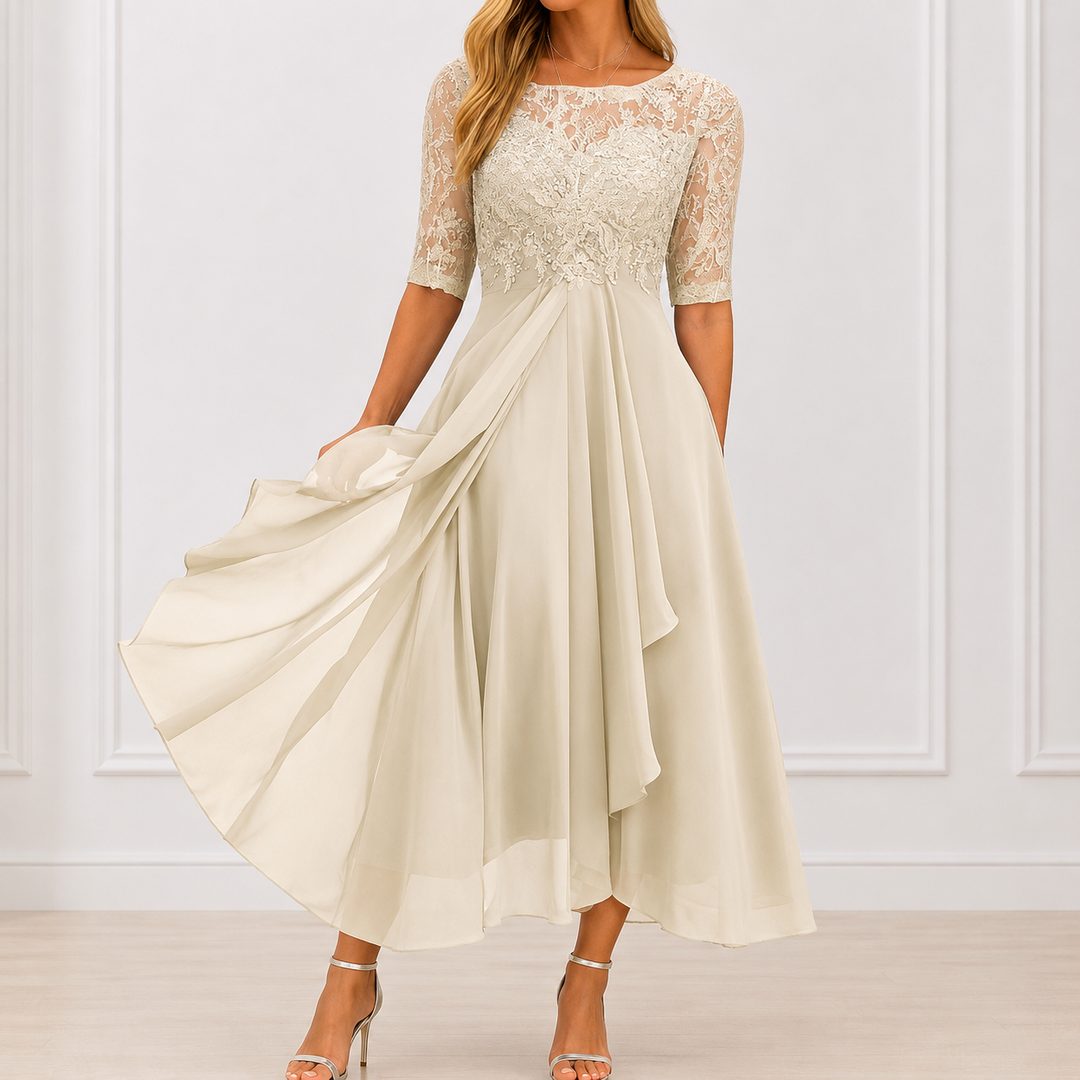 Amélia - Vestido Midi Elegante com Renda Bordada