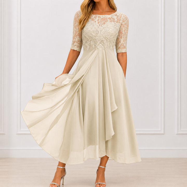 Amélia - Vestido Midi Elegante com Renda Bordada
