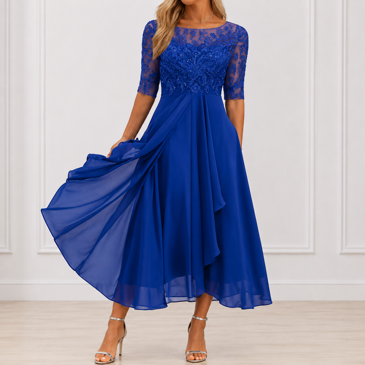 Amélia - Vestido Midi Elegante com Renda Bordada