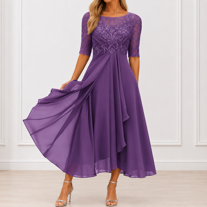 Amélia - Vestido Midi Elegante com Renda Bordada