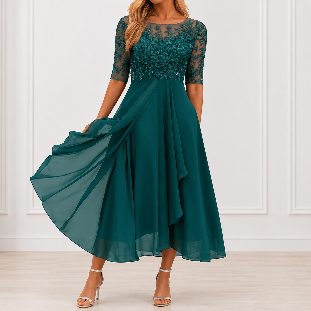 Amélia - Vestido Midi Elegante com Renda Bordada