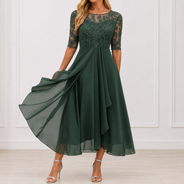 Amélia - Vestido Midi Elegante com Renda Bordada