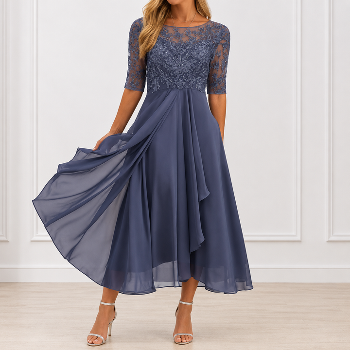 Amélia - Vestido Midi Elegante com Renda Bordada