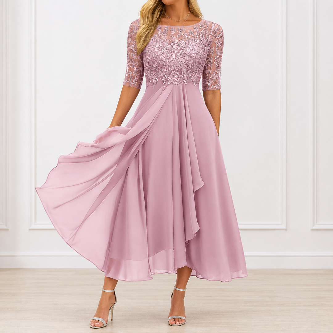 Amélia - Vestido Midi Elegante com Renda Bordada