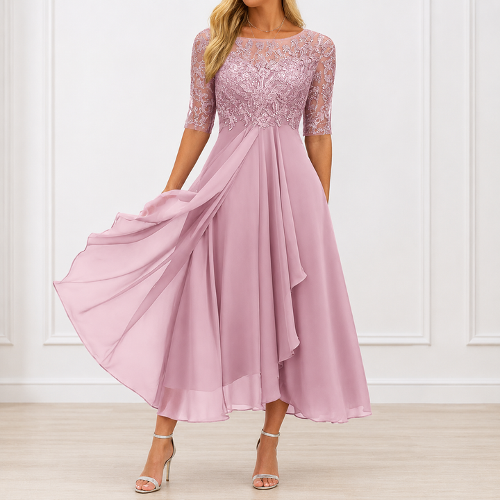 Amélia - Vestido Midi Elegante com Renda Bordada