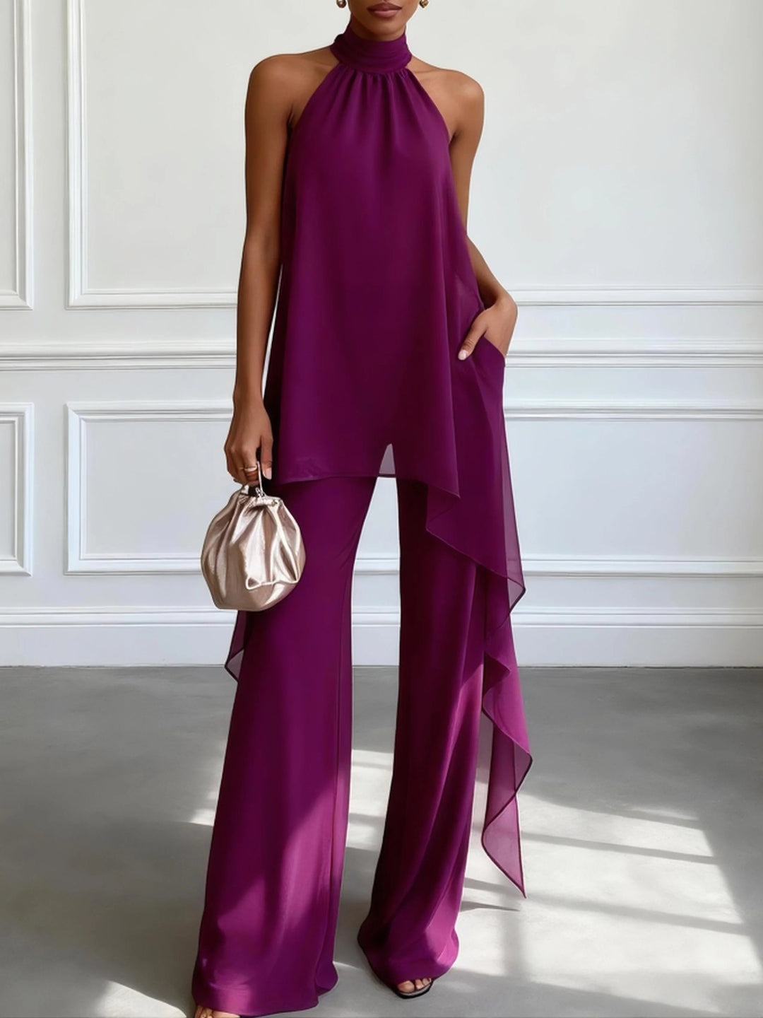 Valentina - Conjunto Sofisticado com Top Halter e Calças Fluidas
