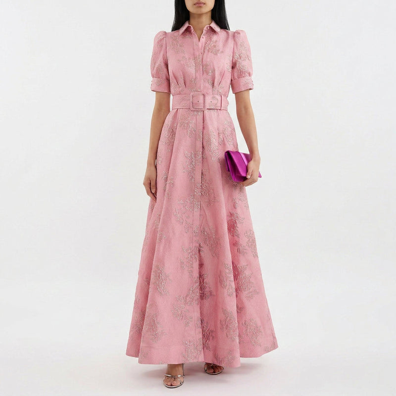 Matilde - Vestido Longo em Jacquard Floral com Cinto